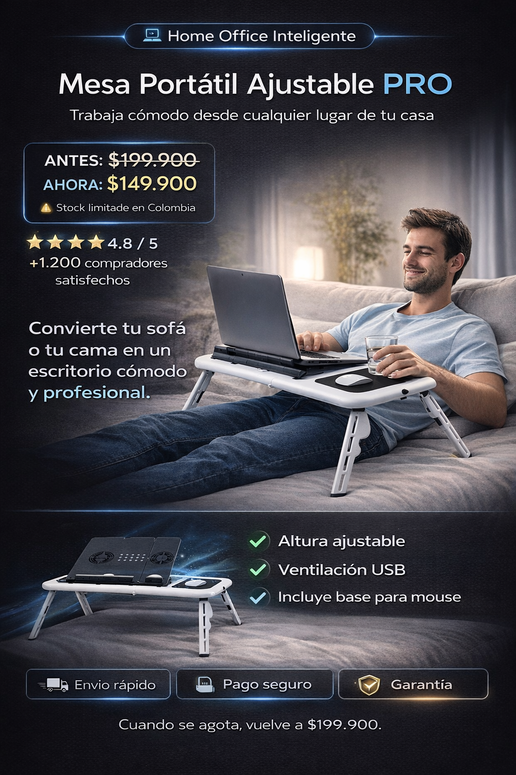 Mesa Portátil Antideslizante Con Ventilador
